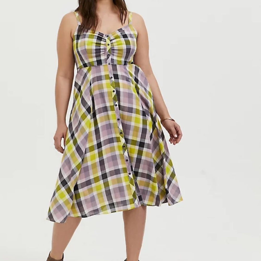 TORRID MULTI PLAID CHALLIS BUTTON FRONT MIDI DRESS